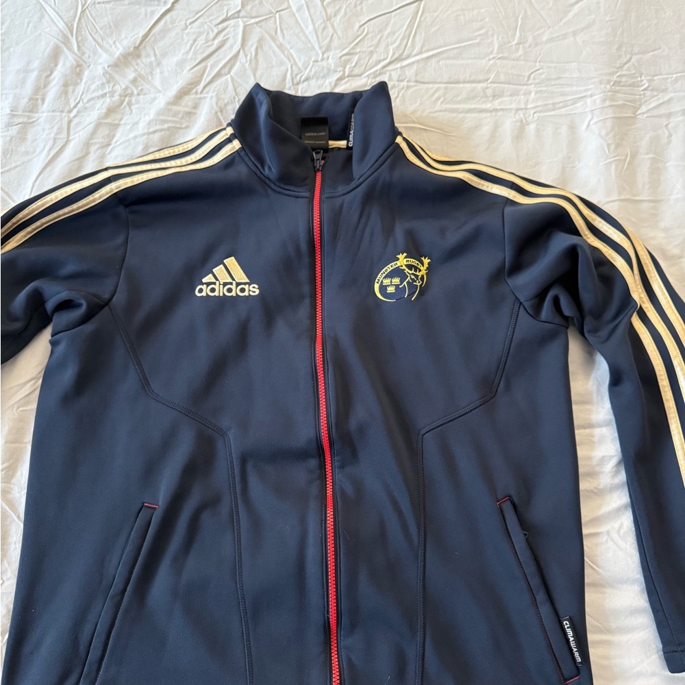 Adidas Men's Dark Blue Bomber Jacket with Cream Stripes